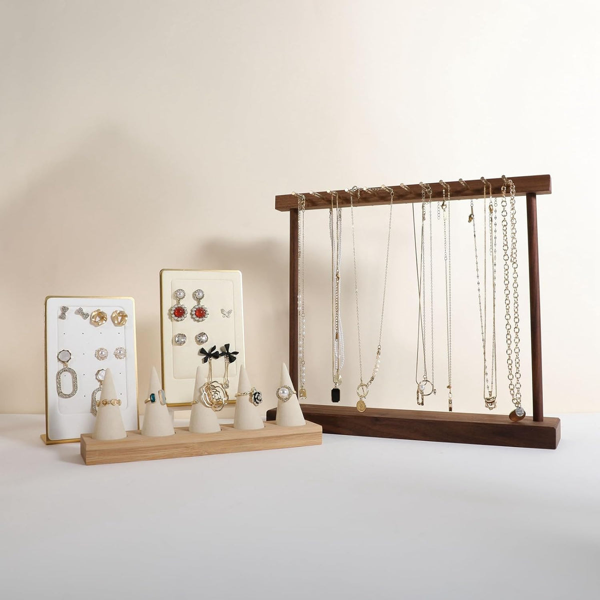 Medium necklace hanger shelf with 12 copper bars, Wooden jewelry storage organizer rack for hanger necklace bracelet, necklace display stand for boutique store【Walnut】