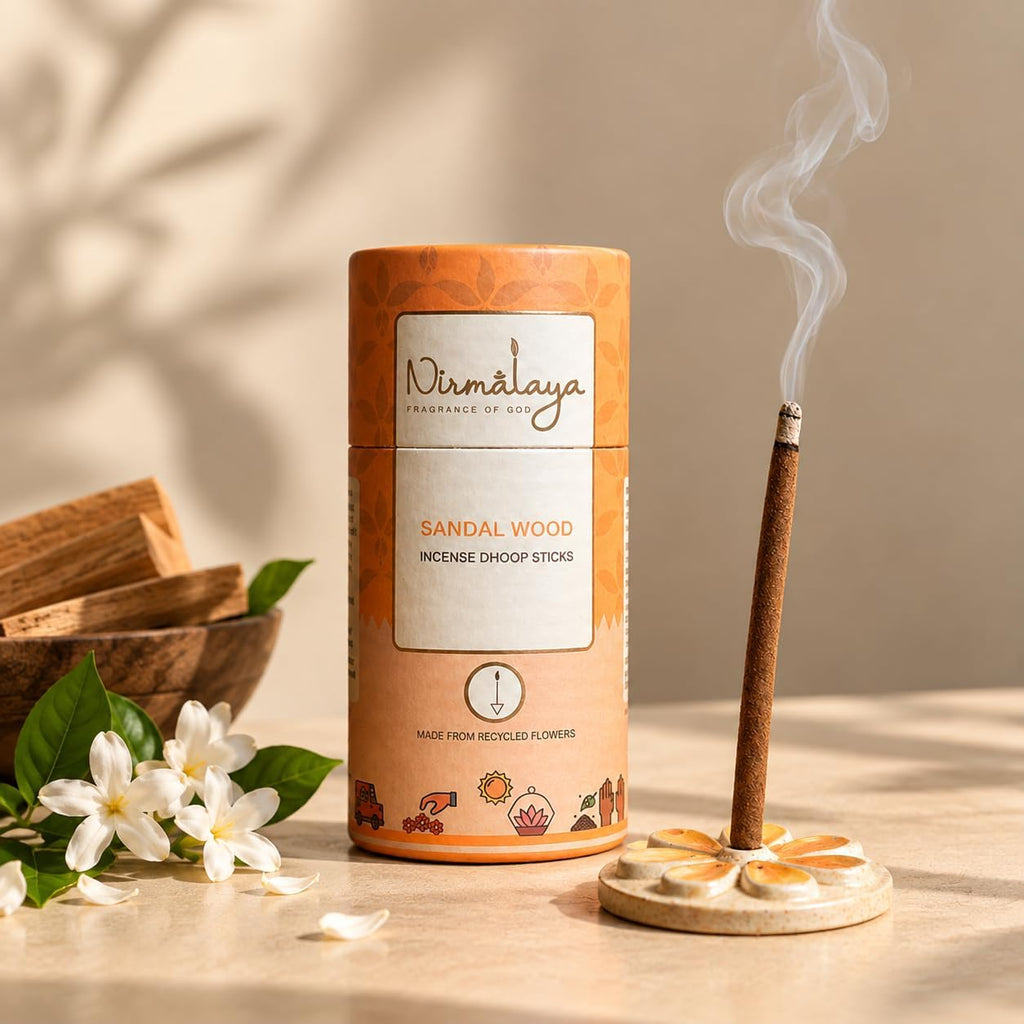 Nirmalaya Premium Sandalwood Dhoop Sticks (40 Sticks, 180g) | Bambooless Sticks, Charcoal Free Incense Sticks Made from Recycled Flowers | Long Lasting 25 Min Burn | for Pooja, Yoga & Meditation