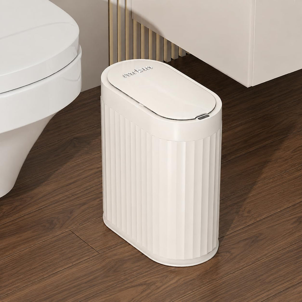 MRBIN Automatic Small Bathroom Trash Can with Lid, Bathroom Garbage Can 2 Gal Motion Sensor Trash Can, Slim Touchless Electric Waste Basket, Cream White