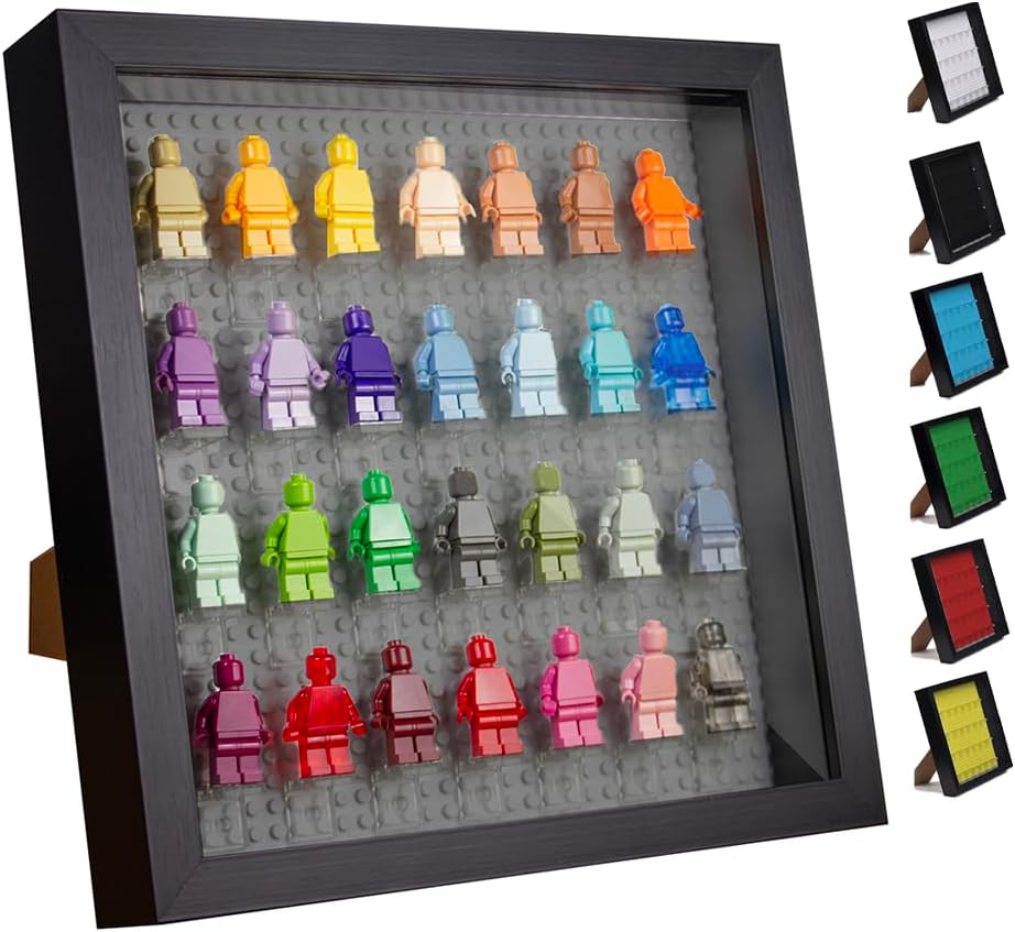Tapeera Black Wooden Minifigure Display Case - Memorabilia Display Case for Figures - 11 x 11 Inch Shadow Box Frame - for Wall and Table Top with Dust Protection - Holds Up to 28 Figures (Gray Base)