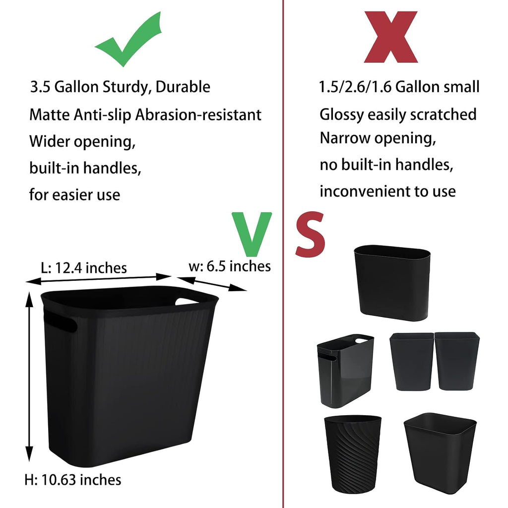 2 Pack Small Bathroom Trash Can 3.5 Gallon Slim Plastic Garbage Can, Black