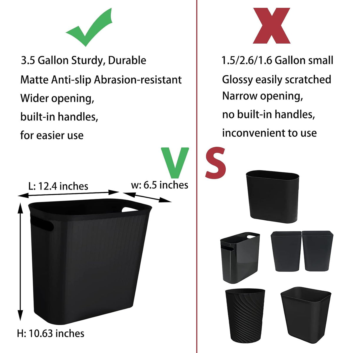 2 Pack Small Bathroom Trash Can 3.5 Gallon Slim Plastic Garbage Can, Black