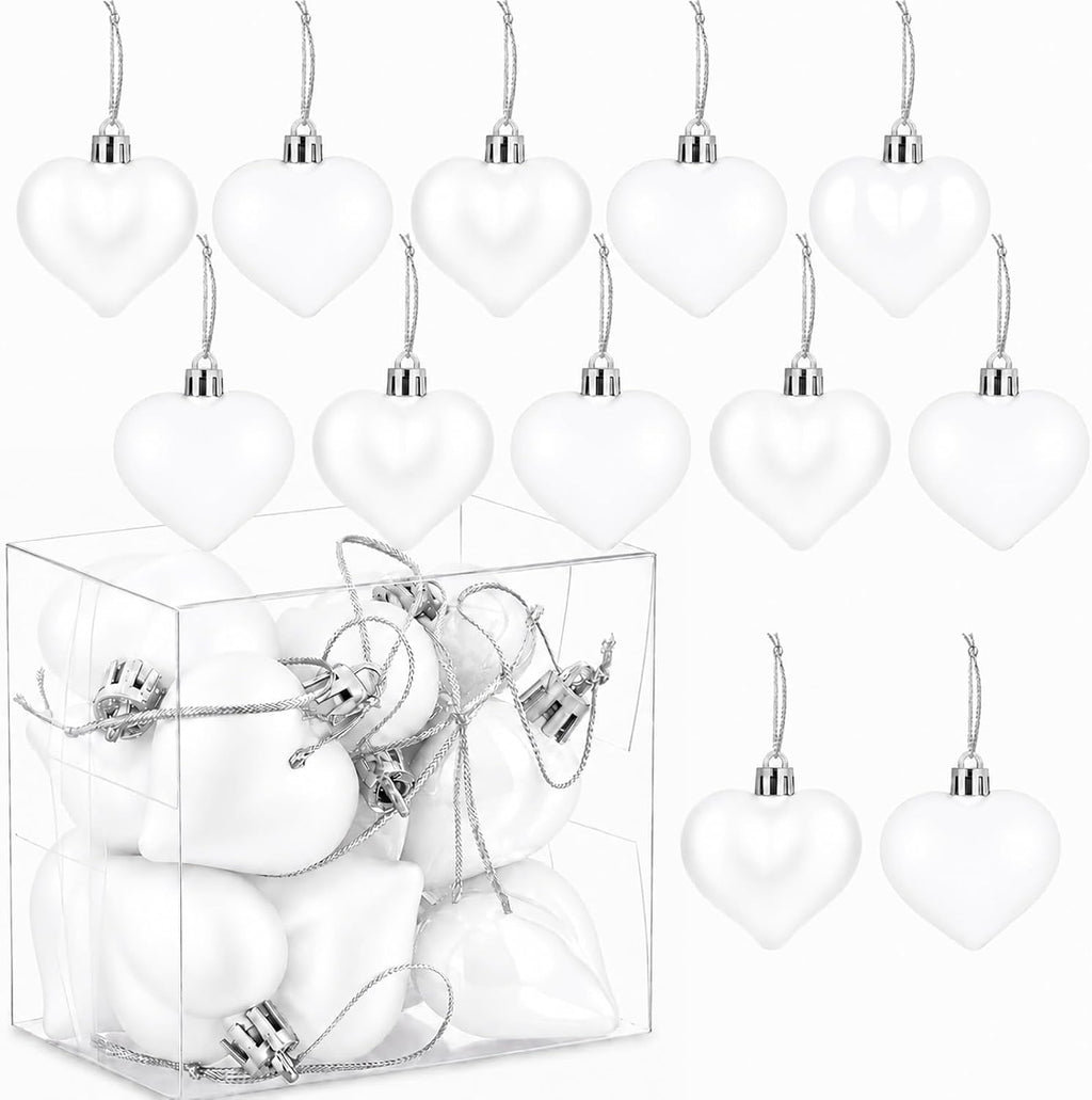 Set of 12 White Heart Ornaments for Christmas Valentine Tree Decorations, 1.8 inch Mini Valentines Ornaments for Small Tree, Heart Shaped Plastic Shatterproof Hanging Balls Holiday Party Decor