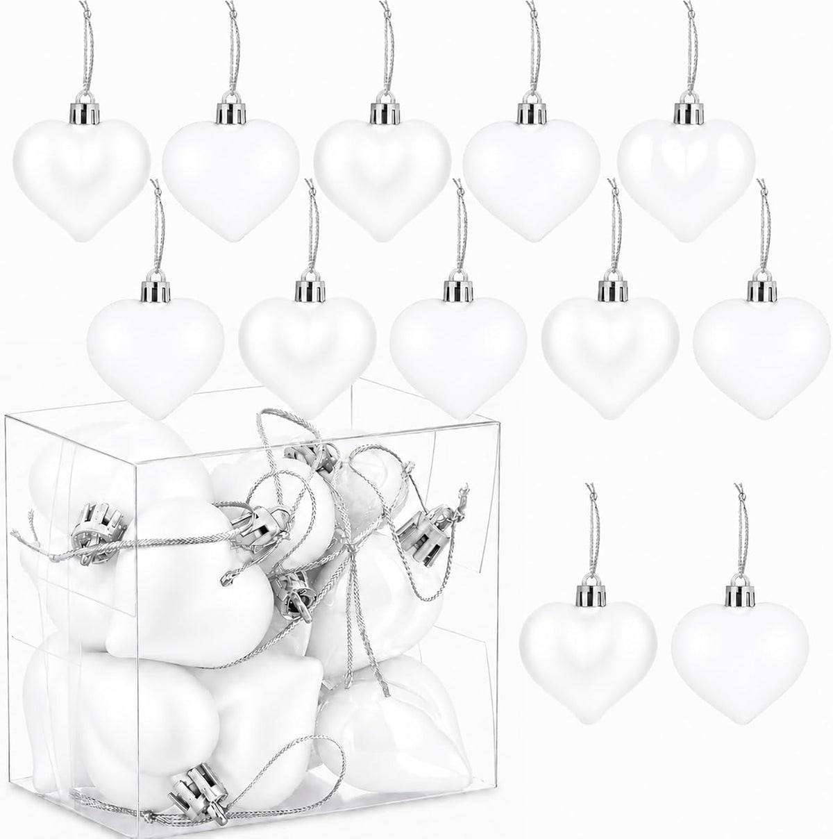 Set of 12 White Heart Ornaments for Christmas Valentine Tree Decorations, 1.8 inch Mini Valentines Ornaments for Small Tree, Heart Shaped Plastic Shatterproof Hanging Balls Holiday Party Decor