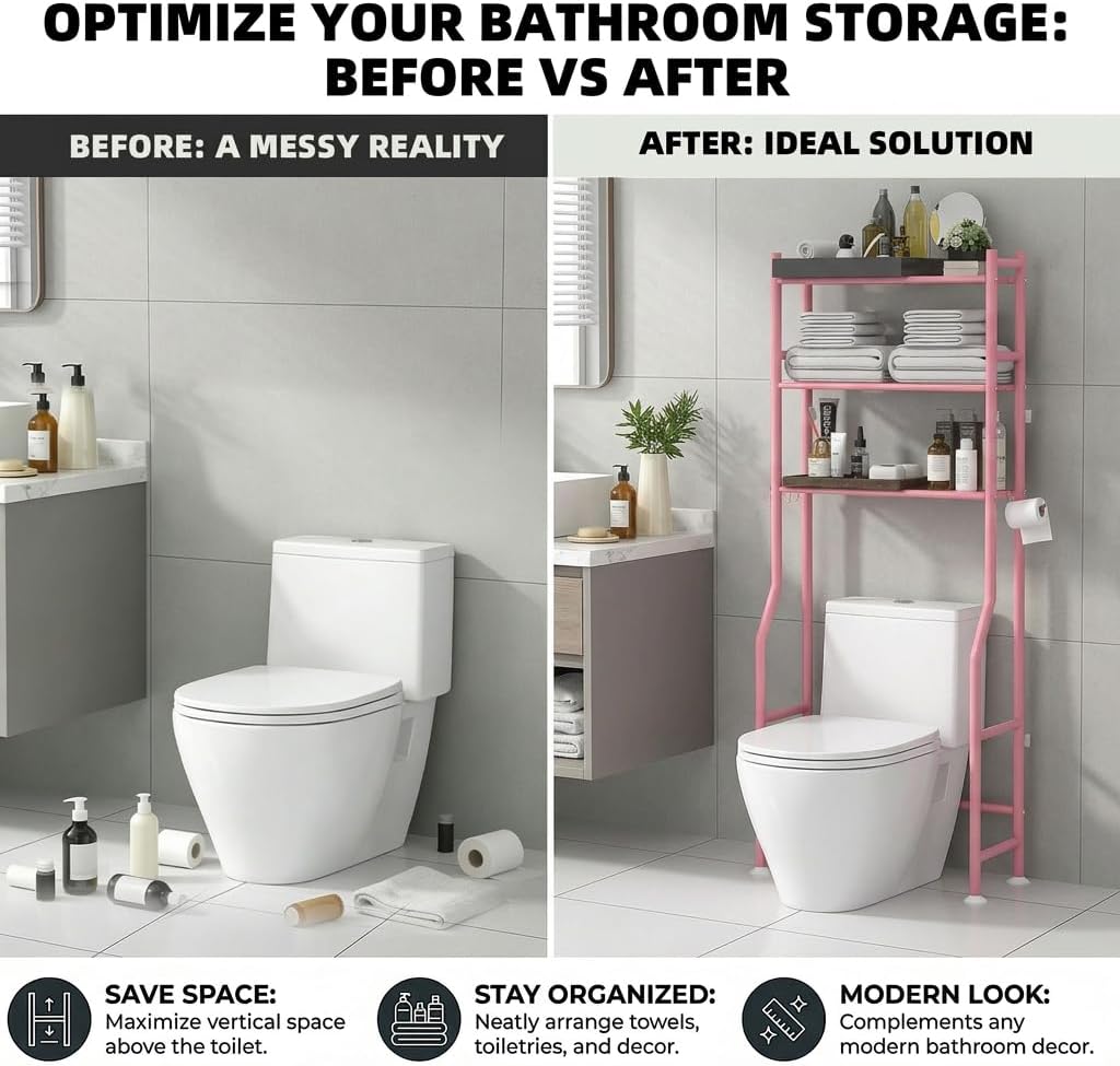 GloTika 3-Tier Over Toilet Storage Cabinet, No Drilling, 64" H, Pink