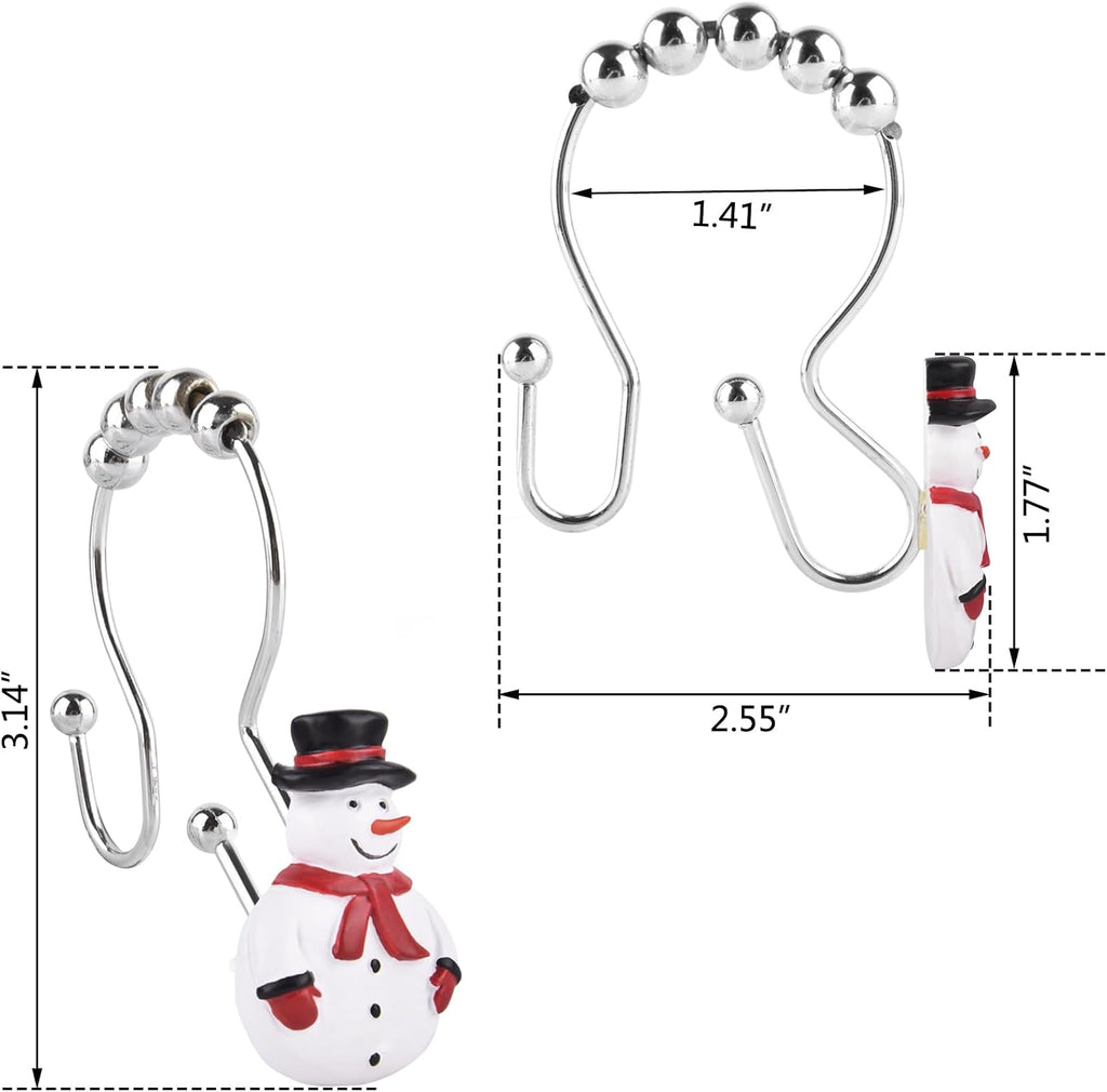 Christmas Double Shower Curtain Hooks,12PCS Xmas Snowman Rust Proof Shower Curtain Hook Rings for Winter Decoration in Bathroom and Living Room