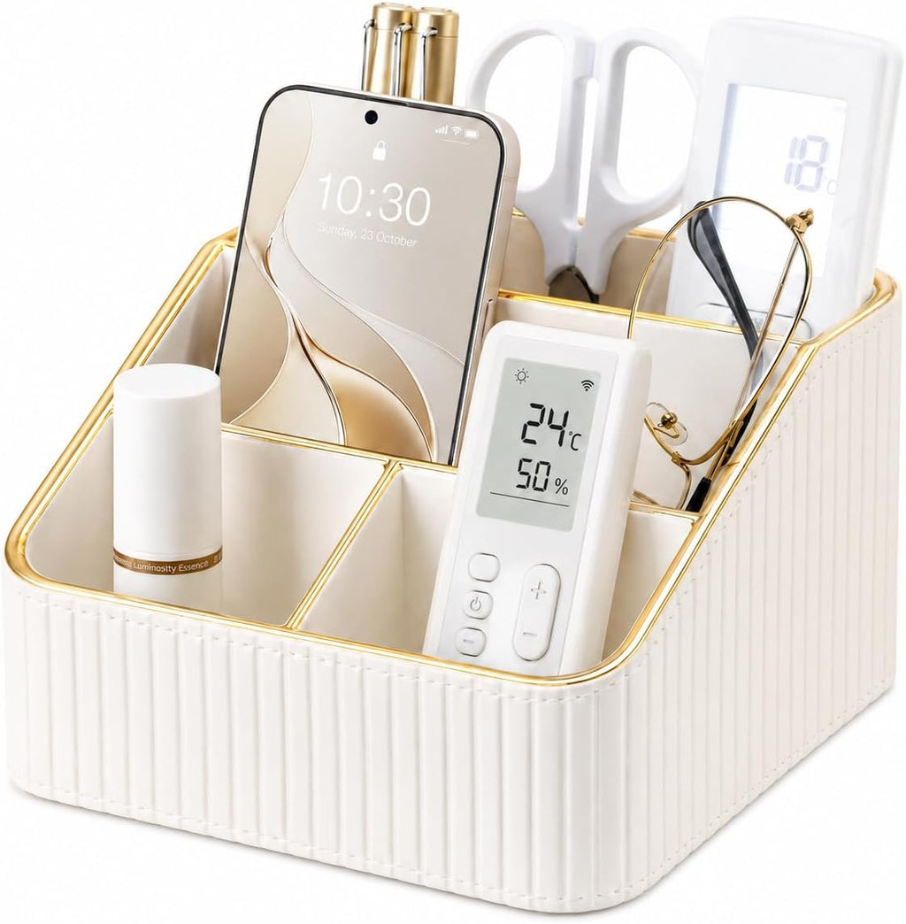 KINGFOM PU Leather Remote Control Holder, 4 Compartment Nightstand Organizer with Gold Trim, Small Desk Organizer for Office Supplies, Phone, Glasses, Pens, Bedside Table, Living Room Decor White