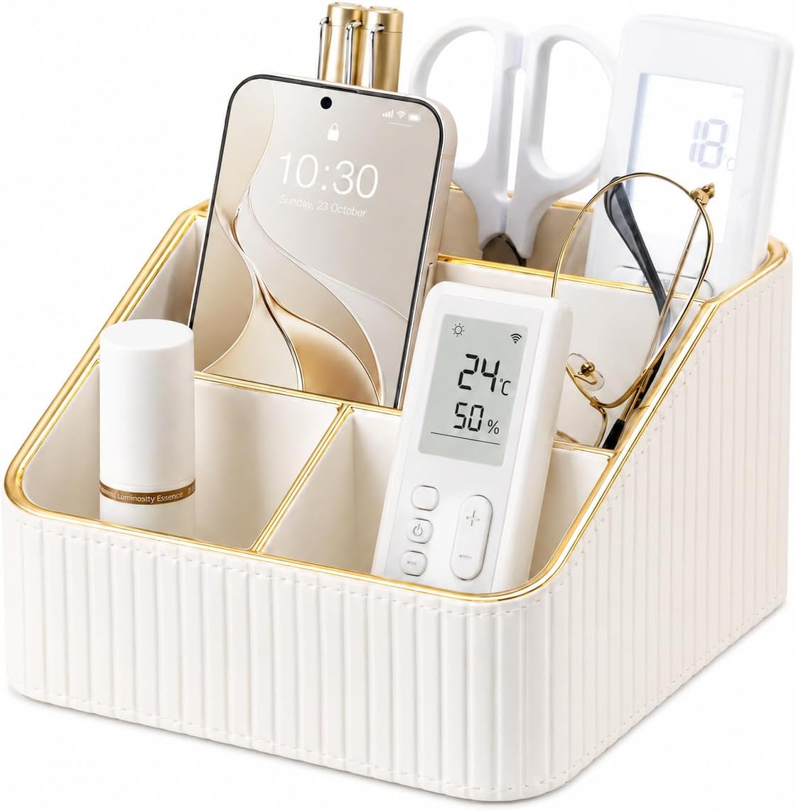 KINGFOM PU Leather Remote Control Holder, 4 Compartment Nightstand Organizer with Gold Trim, Small Desk Organizer for Office Supplies, Phone, Glasses, Pens, Bedside Table, Living Room Decor White