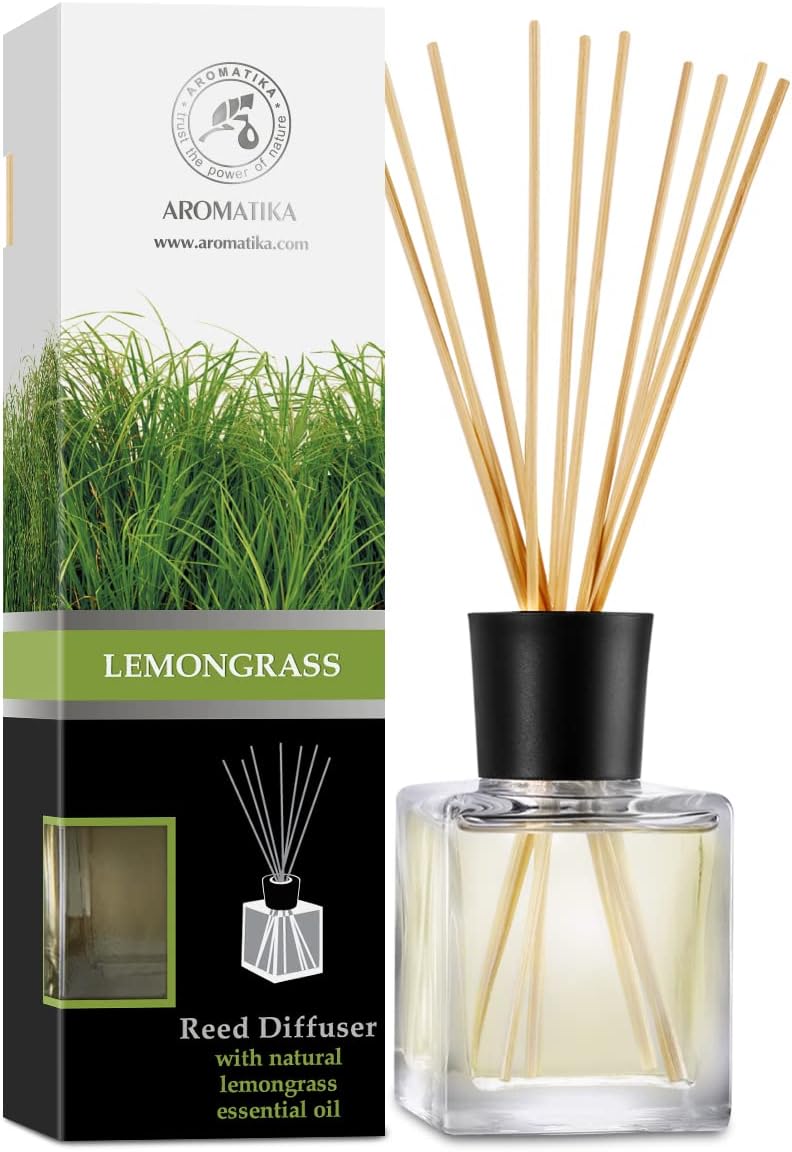 Room Fragrance Diffuser Lemongrass 6.8 Fl Oz - 200ml - with Bamboo Sticks - with Pure & Natural Lemongrass Essential Oil - Intensive Room Scent - Diffuser Gift Set