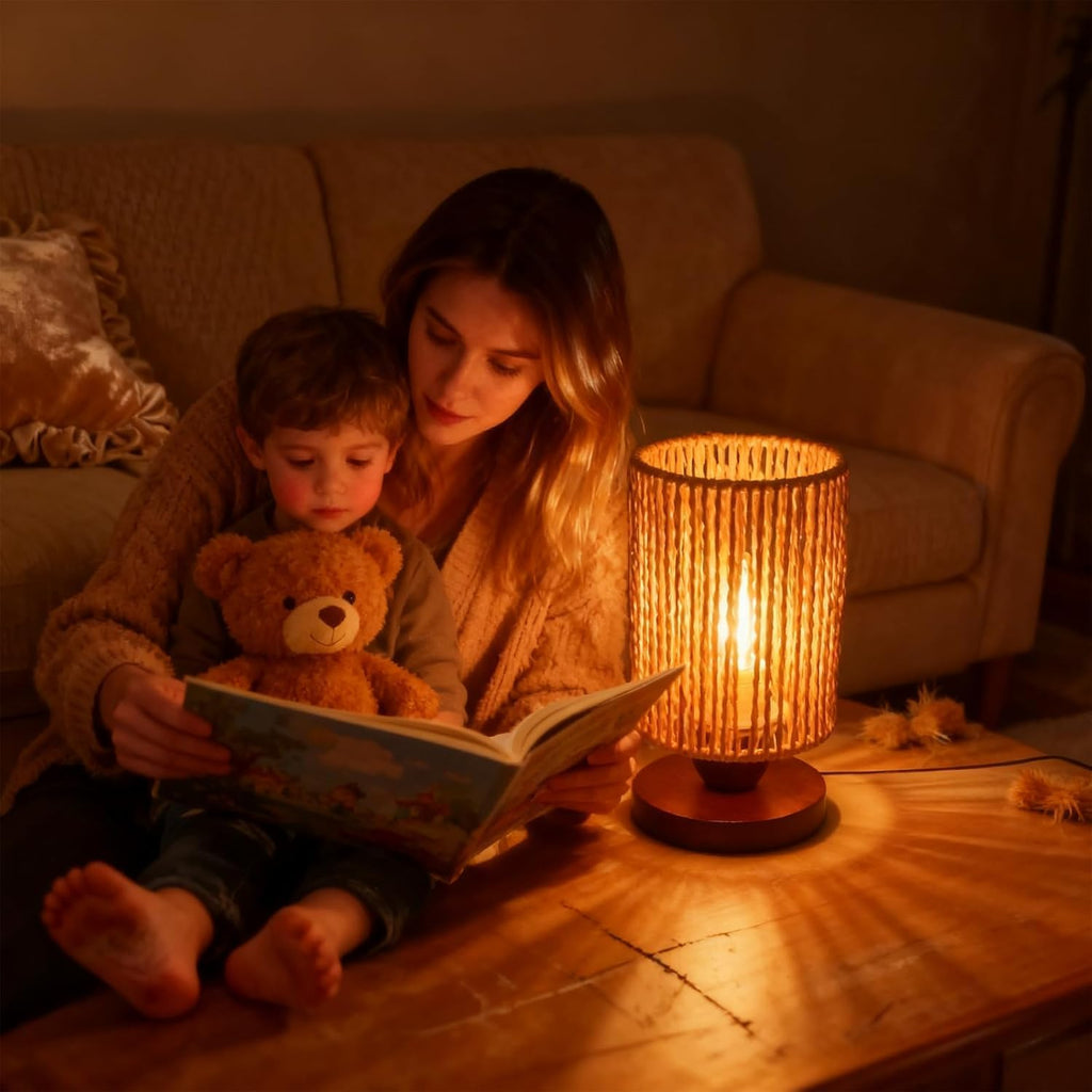 Handmade Rattan Lamp Boho Table Lamp for Bedroom, Stepless Dimming Small Woven Lamps for Night Stands with Warm White LED Bulb, Coastal Boho Lamp for Living Room Reading Nook Office Desk