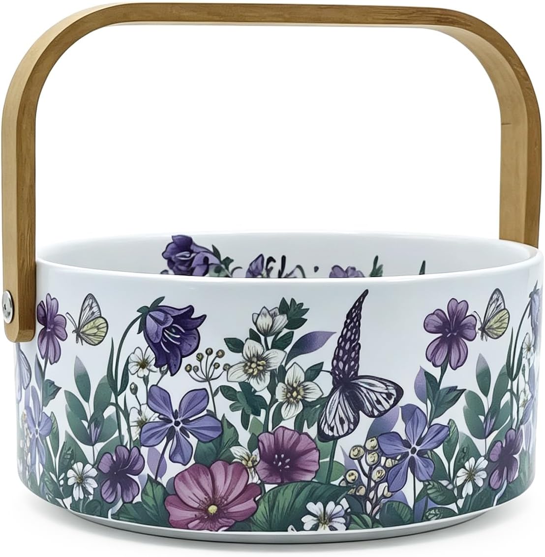 Ceramic Fruit Basket with Detachable Wooden Handle Candy Dish Decorations Ornaments Decorative Bowl for Home Kitchen & Dining Table Office Decor (Violet, 1000ml)