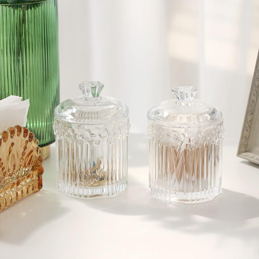 rejomiik 2 Pack Qtip Holder Glass Apothecary Jars with Lids, Clear
