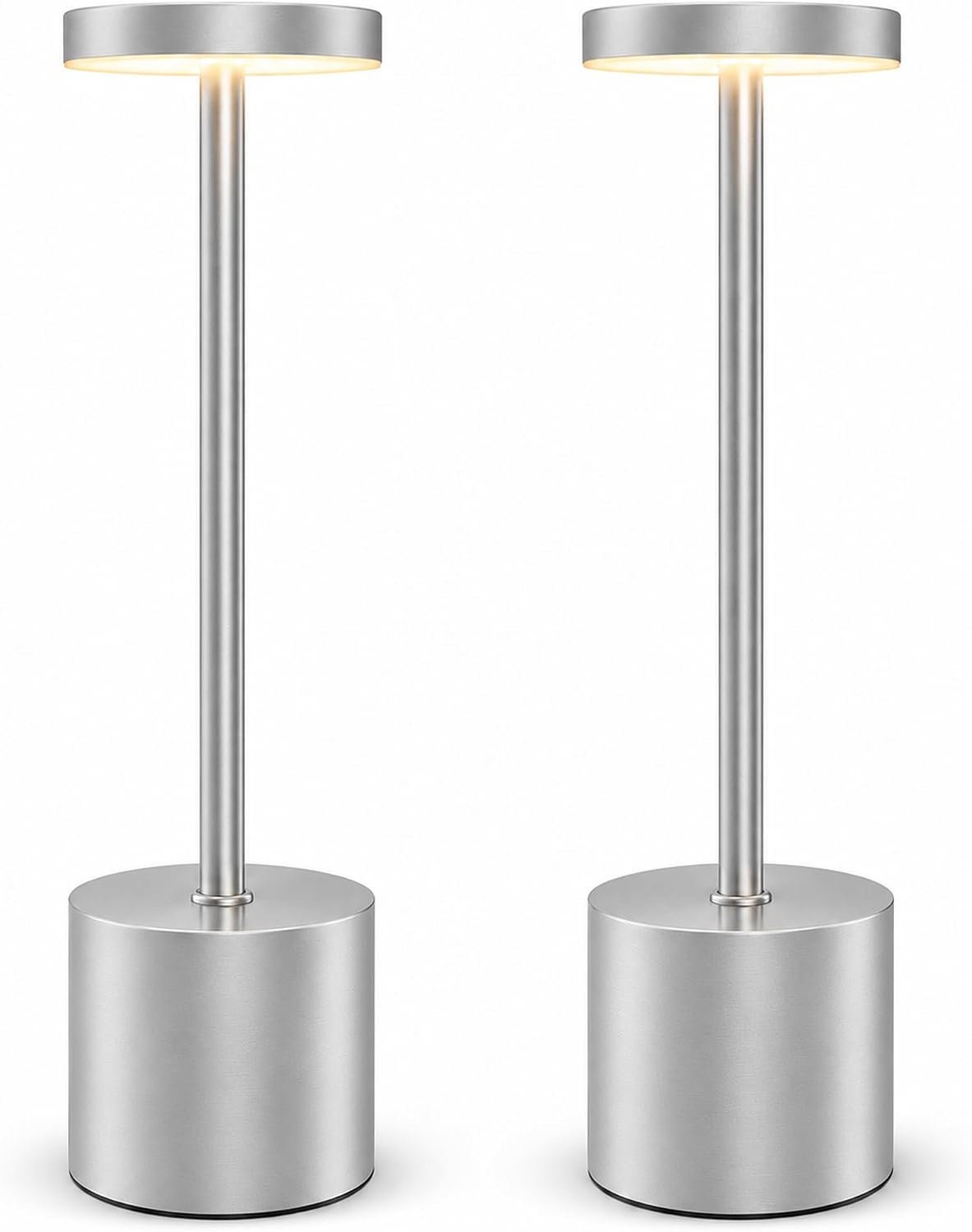 AUDLES Silver Rechargeable Table Lamps 2 Pack, Cordless Battery Operated LED Desk Lamp with Touch Control, 3 Color Temperatures, Dimmable Portable Lamps for Bedroom, Dining Room, Patio, Restaurant