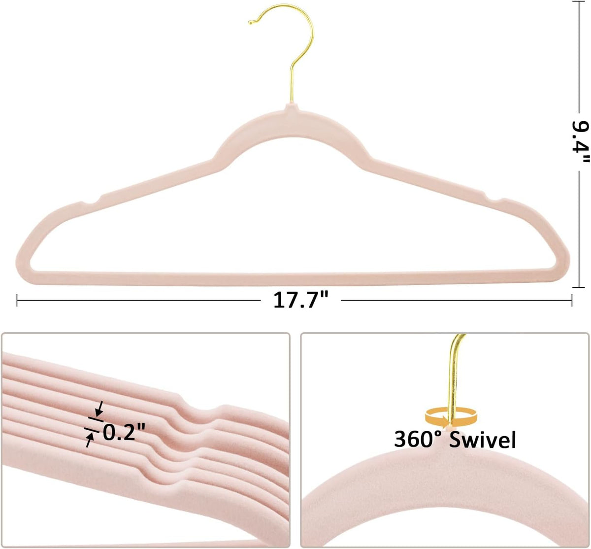 Premium Velvet Hangers 60 Pack, Non Slip Flocked Felt Hangers, Heavy Duty Coat Hangers, Slim Space Saving Clothes Hangers with 360° Swivel Gold Hooks for Coats, Suits, Dresses - Pink