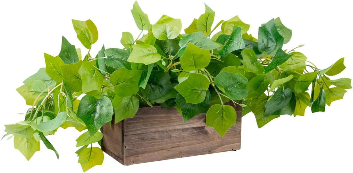 MyGift Artificial Grape Leaf Vine, Rustic Brown Wood Planter Box
