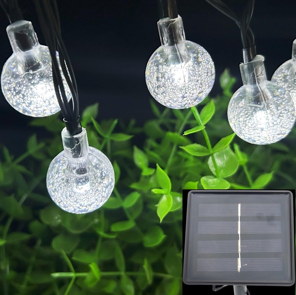Solar String Lights Outdoor, 20ft Waterproof 30 LEDs 8 Modes Crystal Globe Solar String Fairy Lights Backyard Patio Christmas Lights for Holiday Party Gardens Backyard Wedding (White)