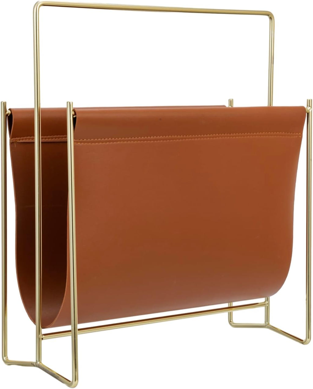 MyGift Caramel Leatherette Magazine Holder with Brass Metal Frame, 13 Inch