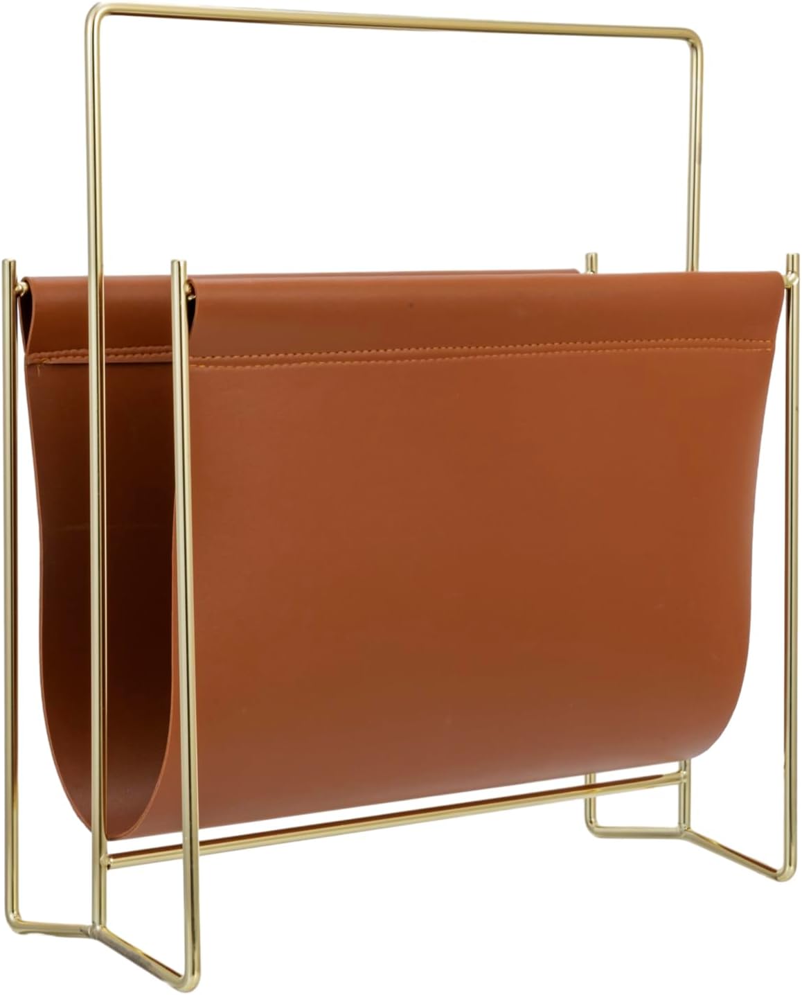 MyGift Caramel Leatherette Magazine Holder with Brass Metal Frame, 13 Inch