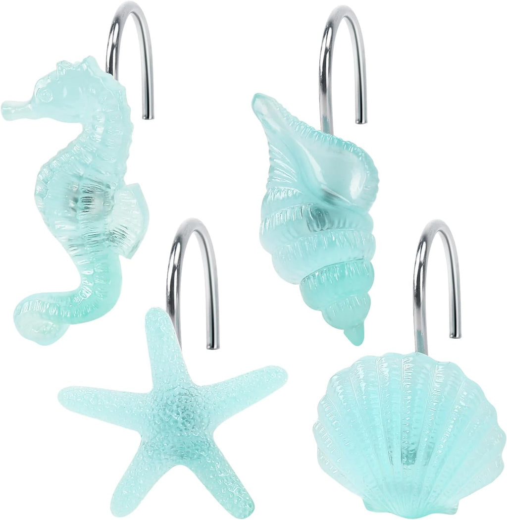 Beach Shower Curtain Hooks, Glow in The Dark, Creative Blue Starfish, Seashell, Conch and Seahorse, Coastal Theme Ocean Seaside Pretty Bathroom Décor