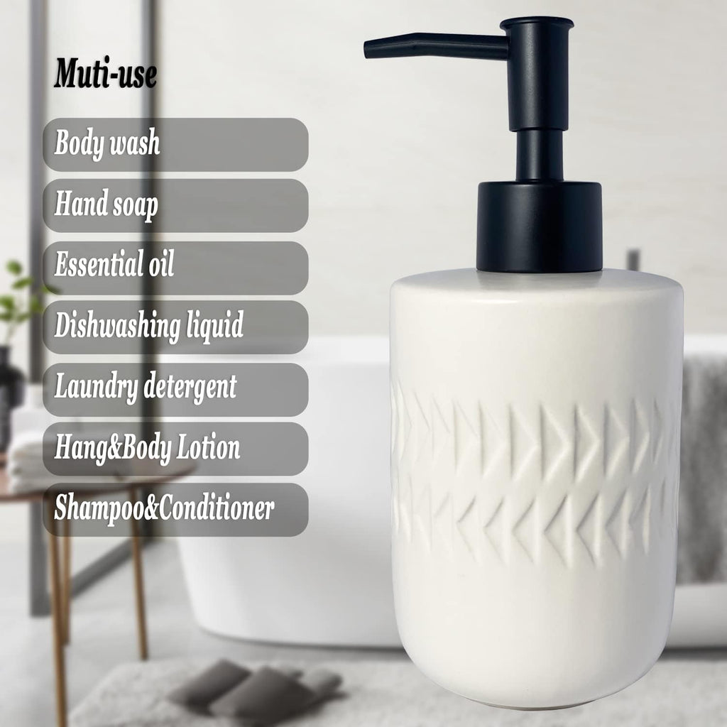White Soap Dispenser with Matte Black Pump for Bathroom,Cylindrical Lotion Dispenser,12oz Ceramic Relief Hand Dish Soap Dispenser,Refillable Liquid Dispenser for Kitchen (Relief White)
