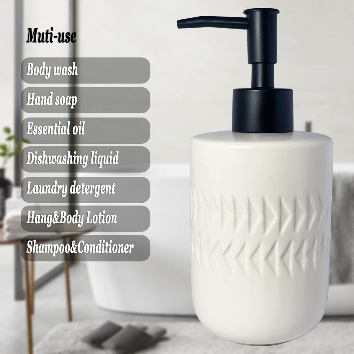White Soap Dispenser with Matte Black Pump for Bathroom,Cylindrical Lotion Dispenser,12oz Ceramic Relief Hand Dish Soap Dispenser,Refillable Liquid Dispenser for Kitchen (Relief White)