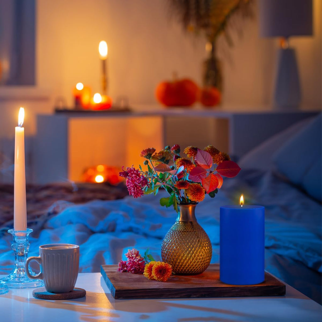 Set of 3 Different Size Blue Colored Pillar Candles, Unscented Dripless 2.75x3, 2.75x4, 2.75x6 Inch Long Lasting Burning Assorted Heights Cylinder Wax Candles for Home Table Hurricane Power Outage