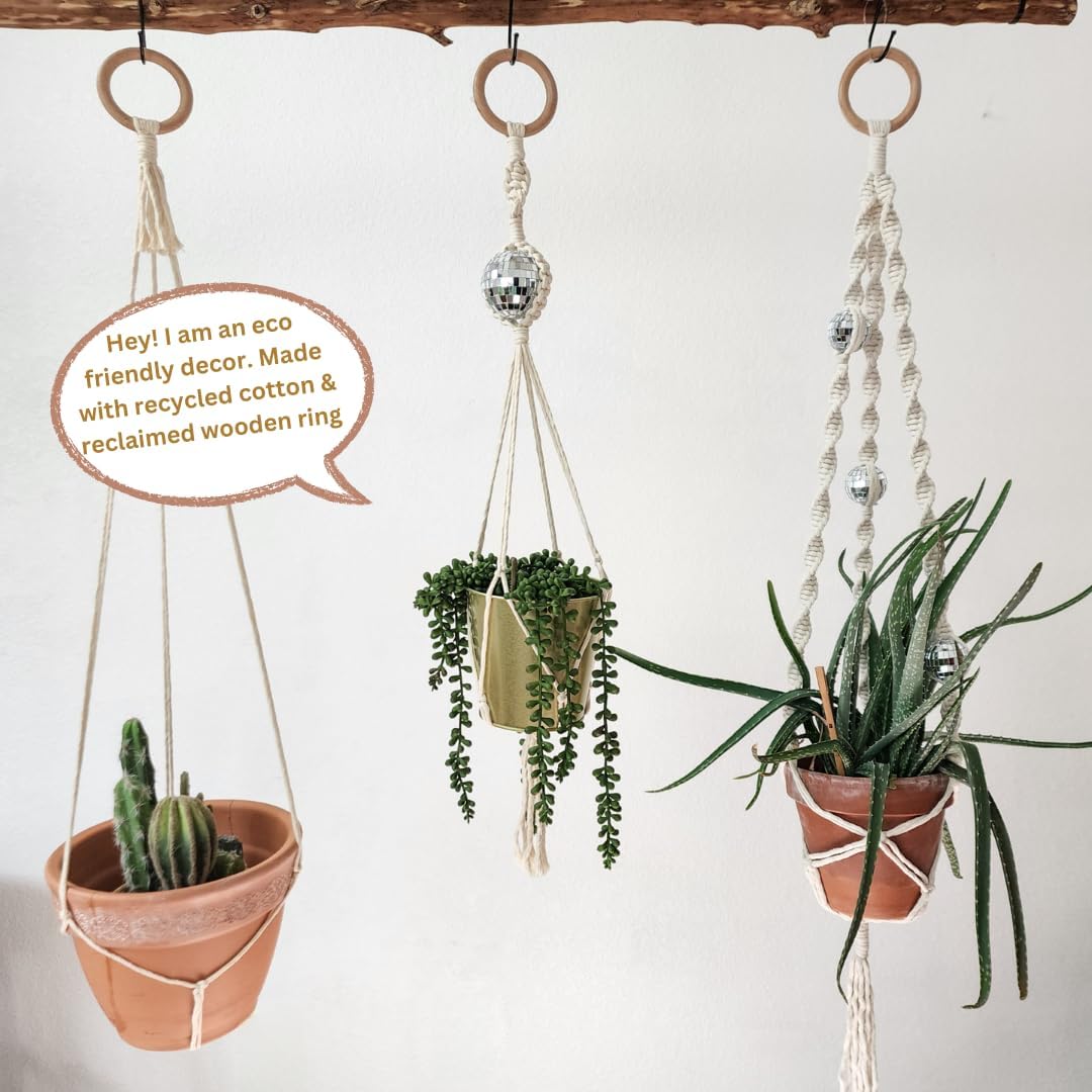 Set of 3 Macrame Plant Hanger | Disco ball decor Hanging planters for indoor plants Cool gifts for plant lovers Boho plant pots plant stand indoor Hanging planters for outdoor plants (Vanilla White)