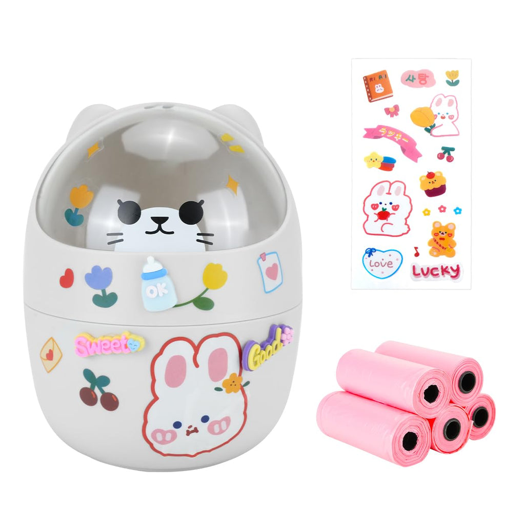 Cute Mini Trash Can with 5 Rolls Bin Liners, Grey