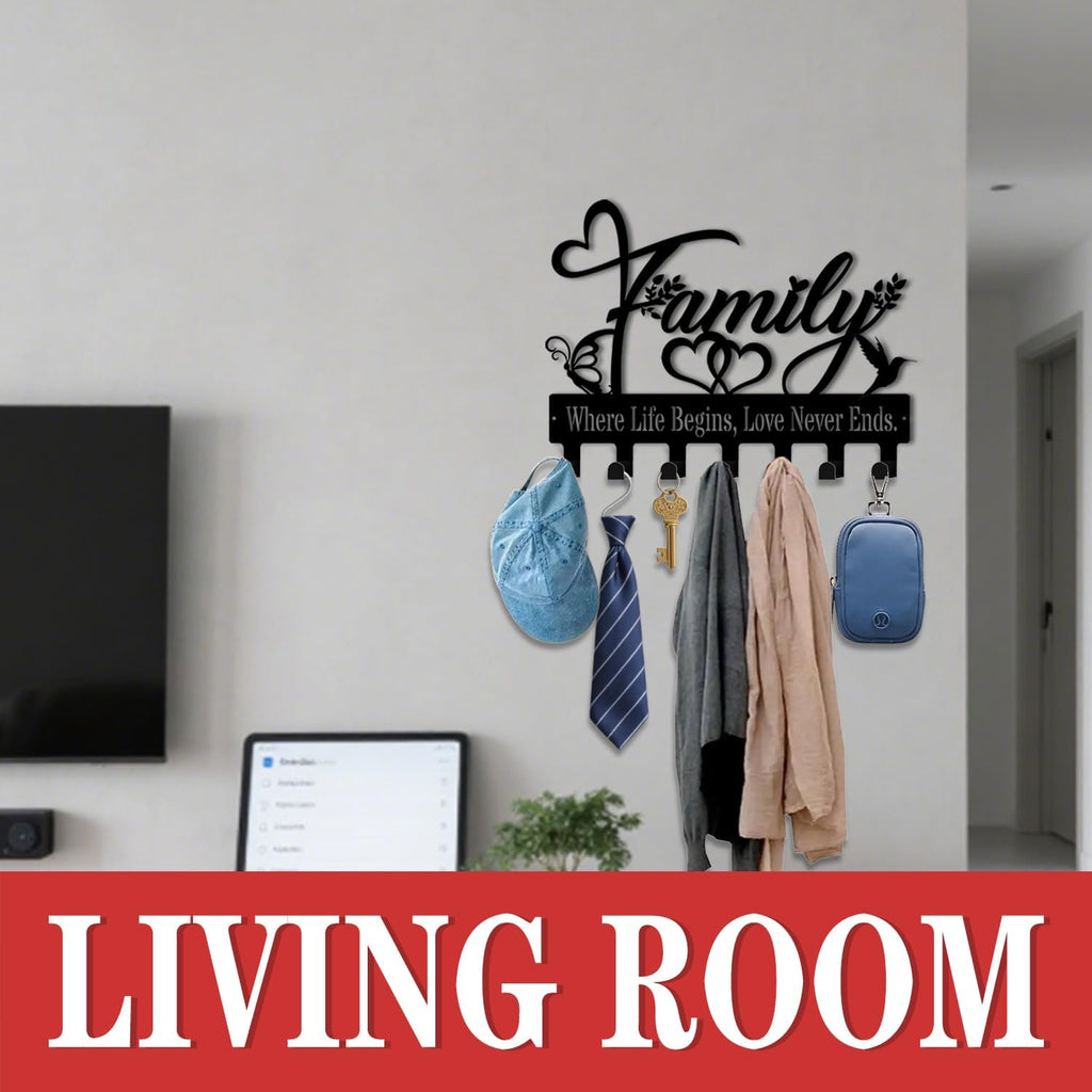 Key Holder Wall Mount, Family Where Life Begins, Love Never Ends Sign, Key Holder Wall for Wall Decorative with 6 Hooks, Organizer Rack Hanger for Entryway, Front Door, Hallway, Office 9.8 inches