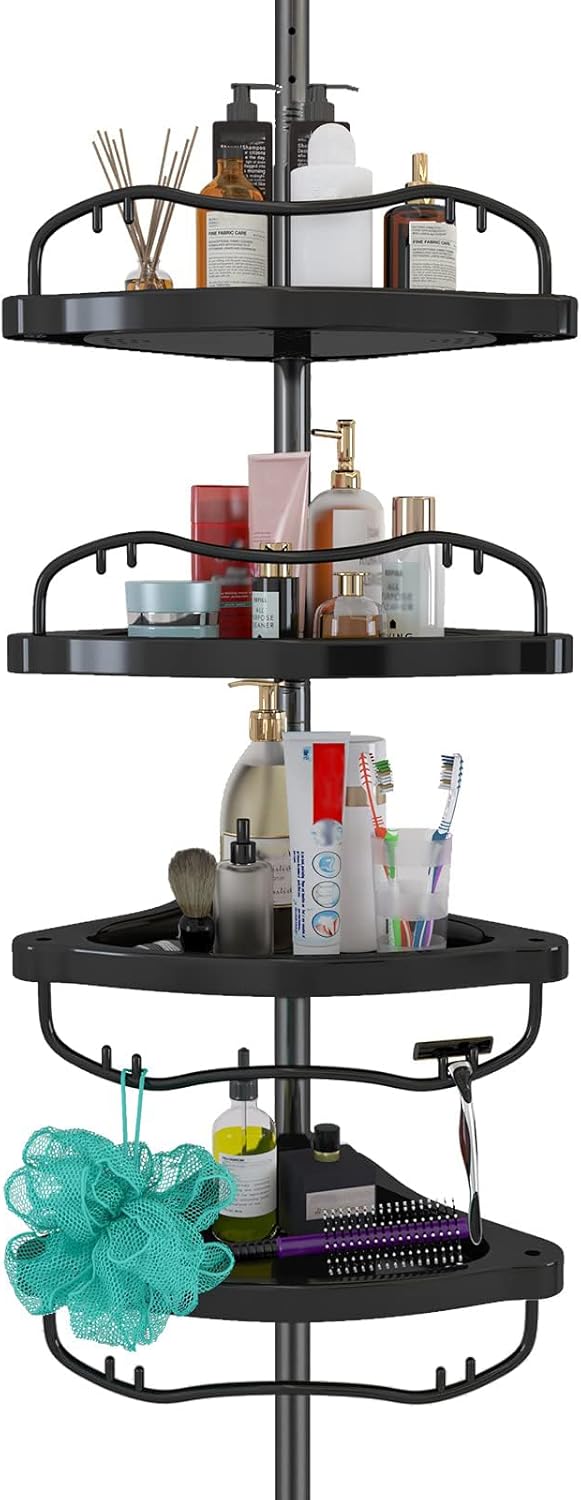 Shower Caddy,Shower Caddy Tension Pole with 4 ABS Baskets,Shower Storage Shelf with 56 to 125 Inch Adjustable Stainless Pole for Bathroom Black
