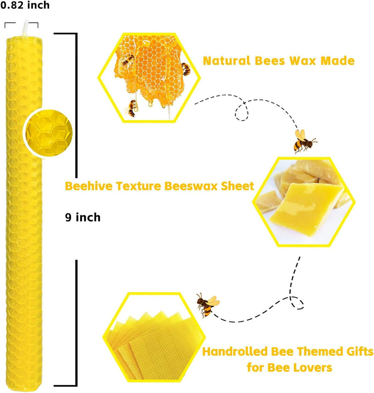 Lacaser Beeswax Taper Candles Set of 6 Pcs, 9" Long Candles for Candlesticks in Yellow, Dripless & Smokeless, Burning Time 4 Hours
