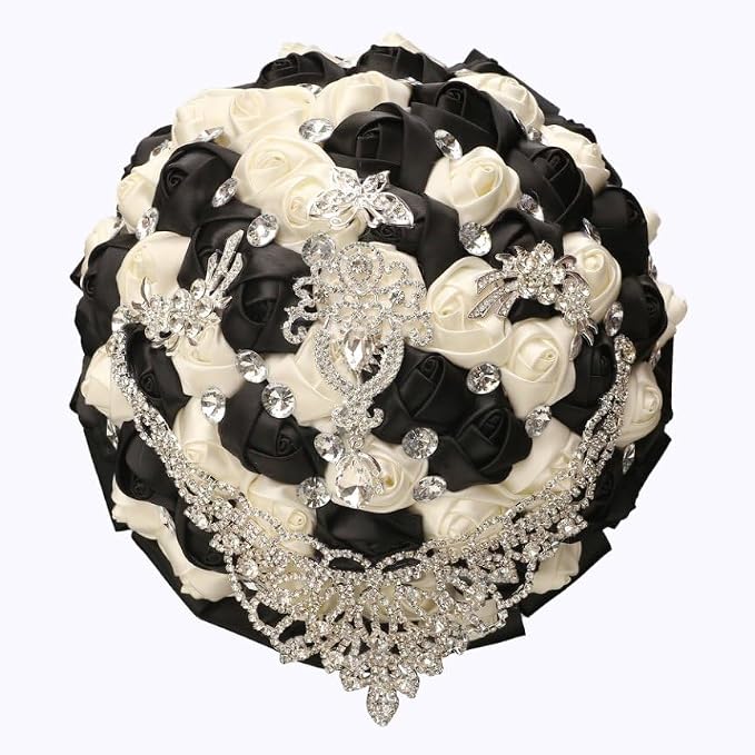 Handmade Luxury Wedding Bridal Bouquet Large Silk Rose Holding Toss Artificial Flowers Bouquets with Satin Ribbon Pearls Rhinestone for Bride Vintage Royal Wedding Bouquet (Black+Ivory)