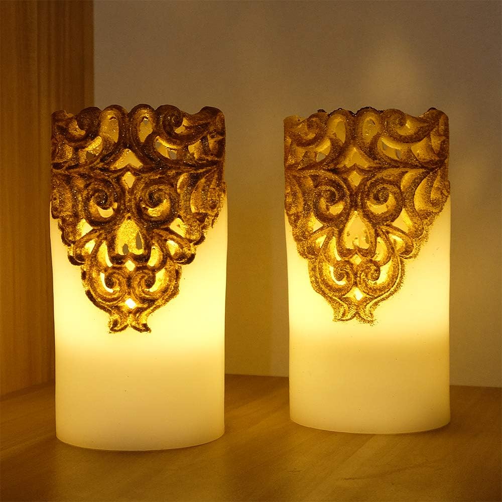Gold Flameless LED Pillar Candles Battery Operated with 5H Timer