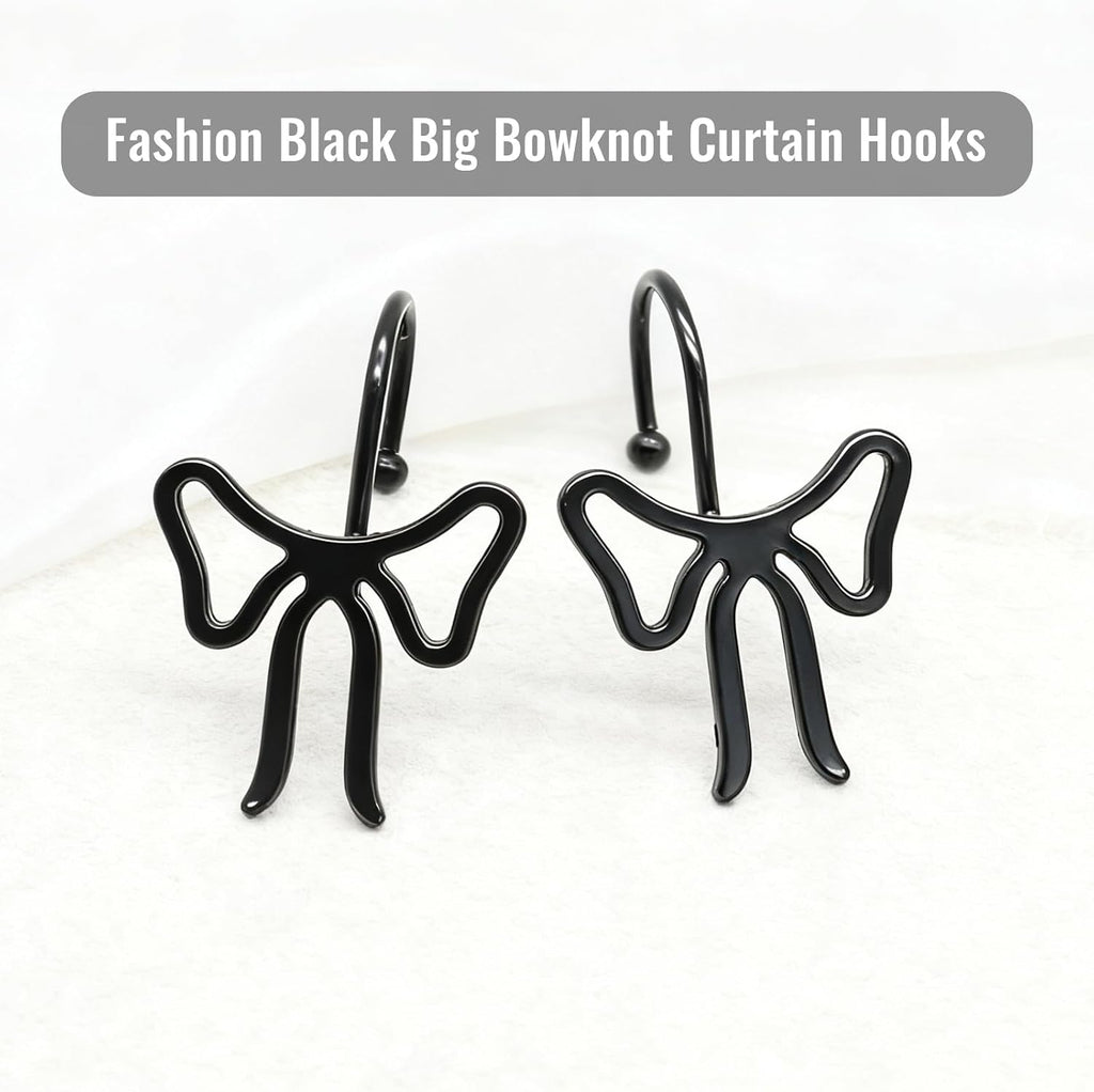 Bow Decorative Shower Curtain Hooks, Bowknot Shower Curtain Rings, Modern Bow Shower Curtain Hangers, 12PCS Shower Hooks for Shower Curtain, Home Decor, Bathroom, Bedroom, Living Room (Big-Black)
