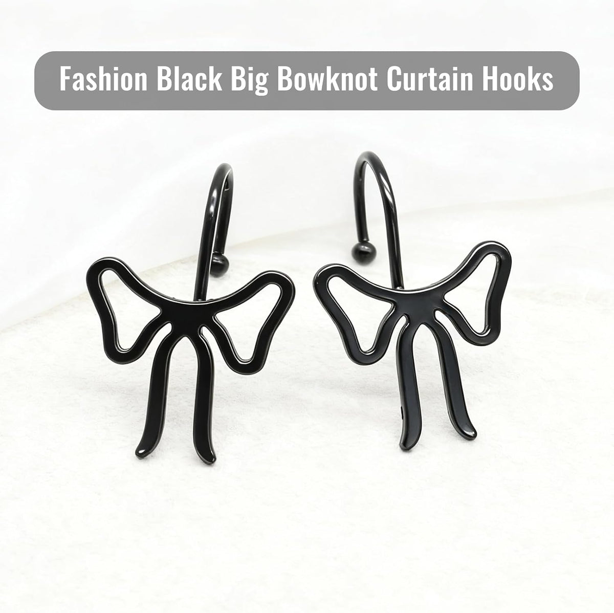 Bow Decorative Shower Curtain Hooks, Bowknot Shower Curtain Rings, Modern Bow Shower Curtain Hangers, 12PCS Shower Hooks for Shower Curtain, Home Decor, Bathroom, Bedroom, Living Room (Big-Black)