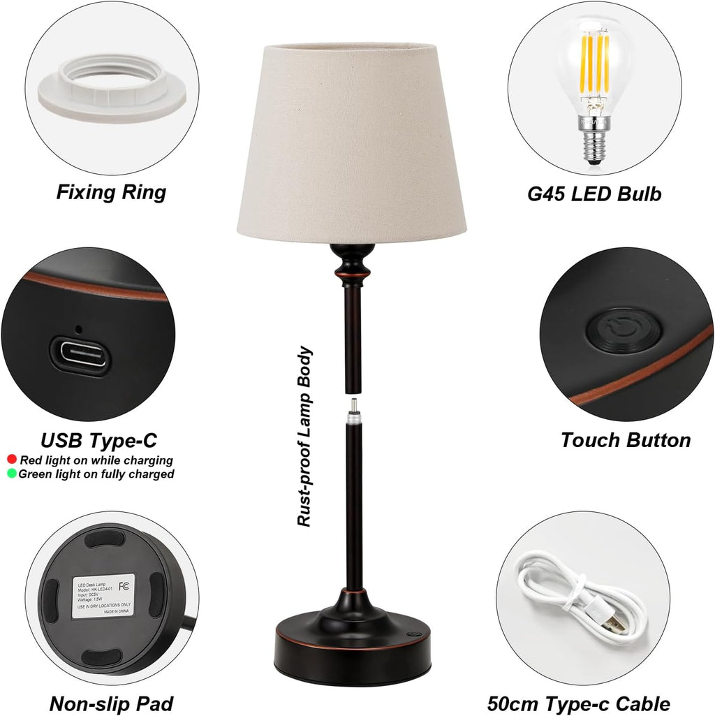 Cordless Table Lamp Rechargeable Bronze - 1 Pack Brass 4000mAH Battery Operated Lamp for Decor, 3000K Stepless Dimming Touch Control Wireless Lamp for Bedroom, Dining Table, Counter, Living Room