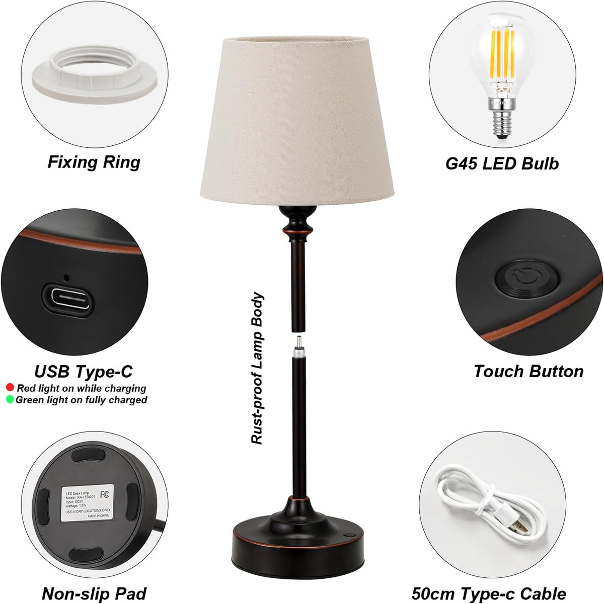 Cordless Table Lamp Rechargeable Bronze - 2 Pack Brass 4000mAH Battery Operated Lamp for Decor, 3000K Stepless Dimming Touch Control Wireless Lamp for Bedroom, Dining Table, Counter, Living Room