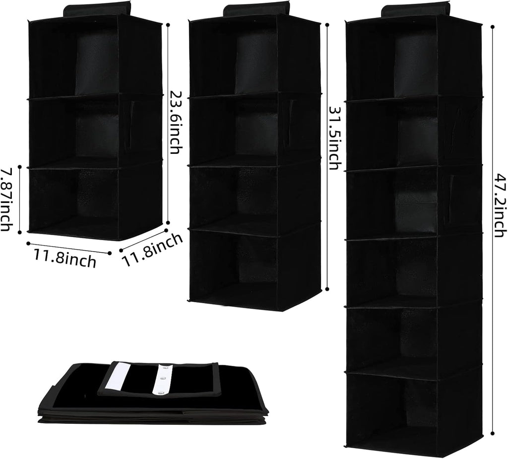2 Packs Hanging Closet Organizer Stroage, 3-Shelf Hanging Shelves with Bamboo Inserts & Side Pocket, Black