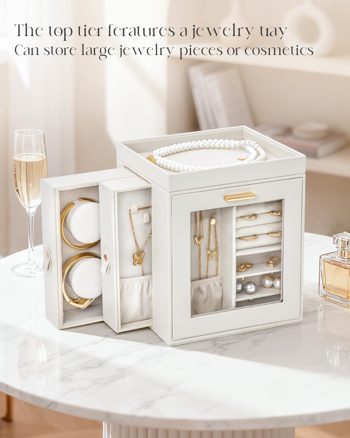 CASEGRACE 360°Rotating Jewelry Box Open Design Vertical Organizer with Glass Window Large Jewelry Display Storage Case Perfect for daily use at home or as a gift for women