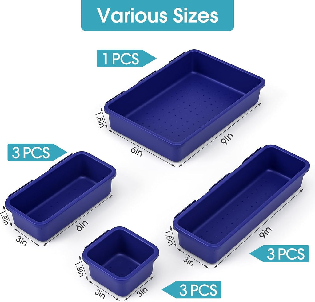 StoreHappily 10 PCS Drawer Organizer Set, 4 Size Makeup Drawer Divider Organizer With Non-Slip Pads, Interlocking Plastic Storage Bins for Office,Jewelry Vanity,Gadgets, Bathroom,Kitchen, Navy