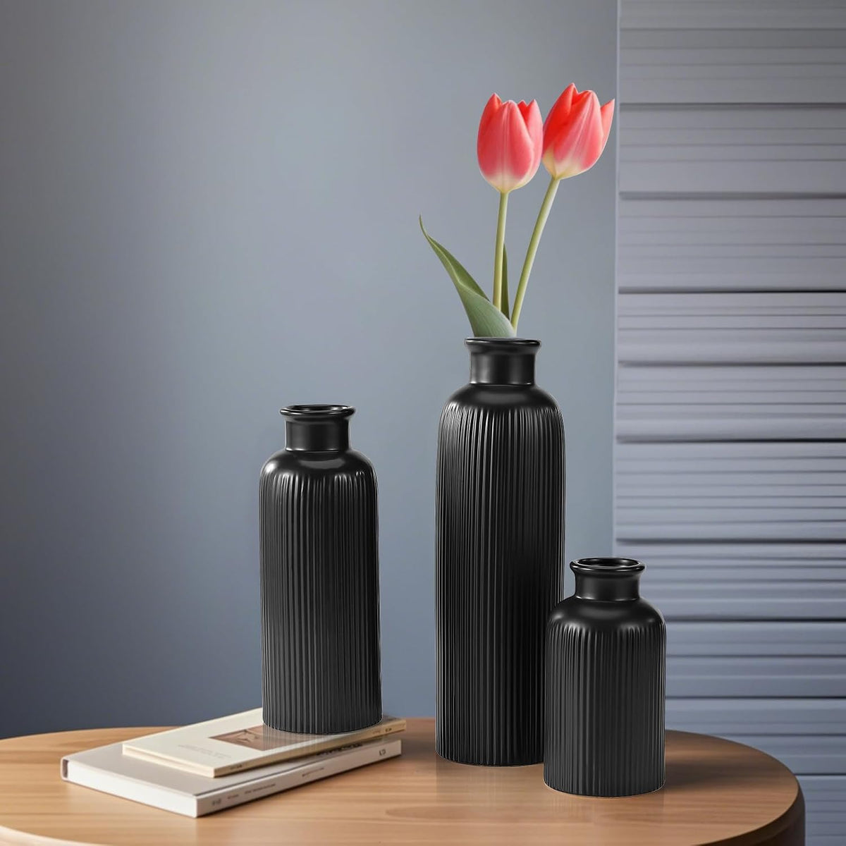 Small Black Ceramic Vase Set of 3, Boho Modern Black Flower Vase Room Decor, Farmhouse Decor, Vases for Your Kitchen, Bathroom, Bedroom, Living Room, Office&Shelf Centerpiece Table Decorations