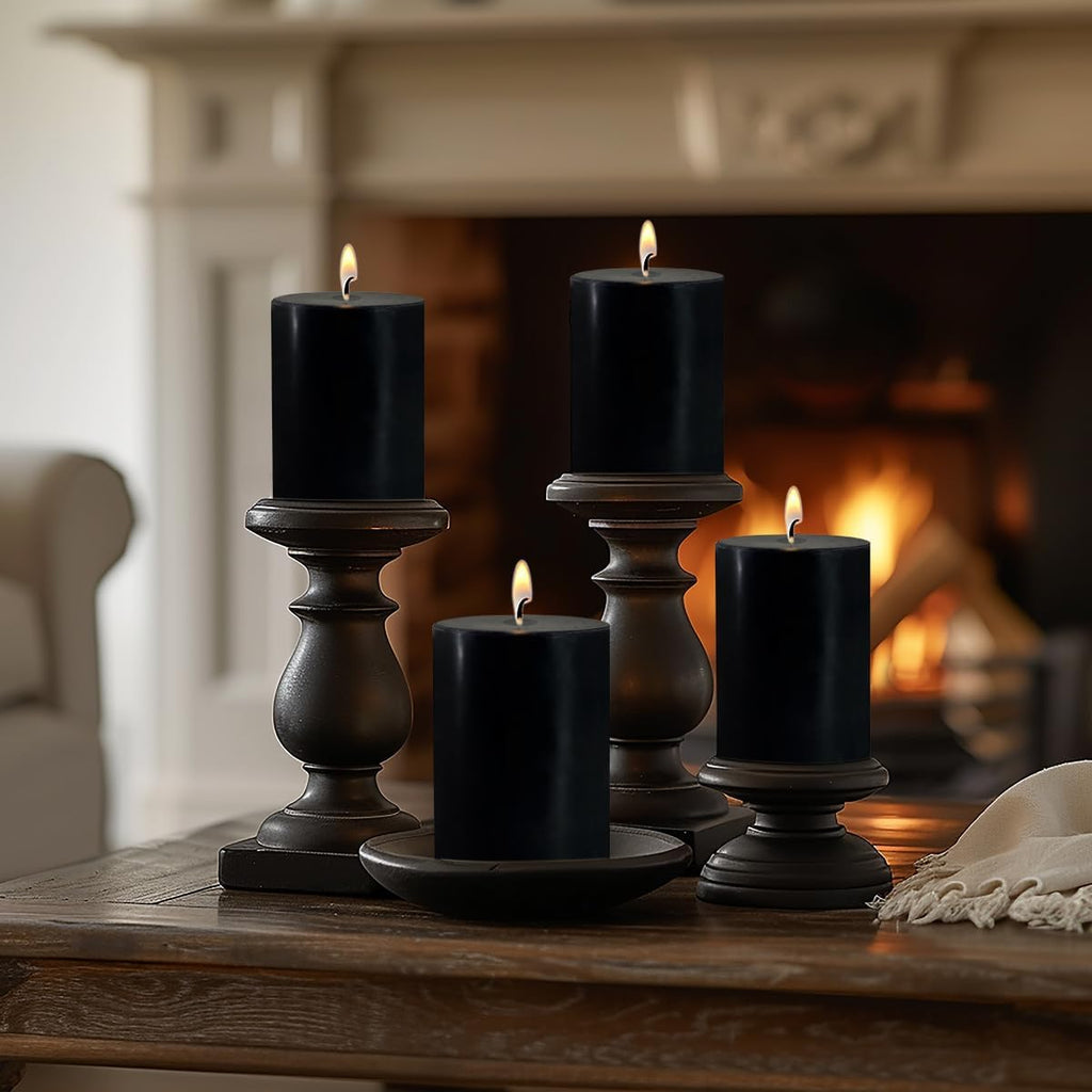 2.75x3.25 Inch Black Pillar Candles Set of 6 - Decorative Unscented, Long Burning Dripless Candle for Home Table Decor, Smokeless Large Pillar Candles for Wedding, Dinner, Halloween, Christmas Decor