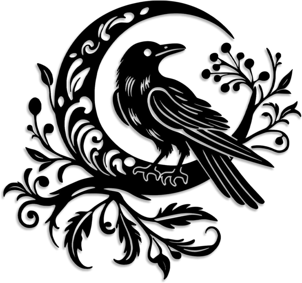 LIYOUYA Crow Moon Flower Metal Wall Decor - Nordic Gothic Style Room Decor Black Wall Art Home Decor for Living Room, Bathroom, Bedroom, Dining Room (Black)