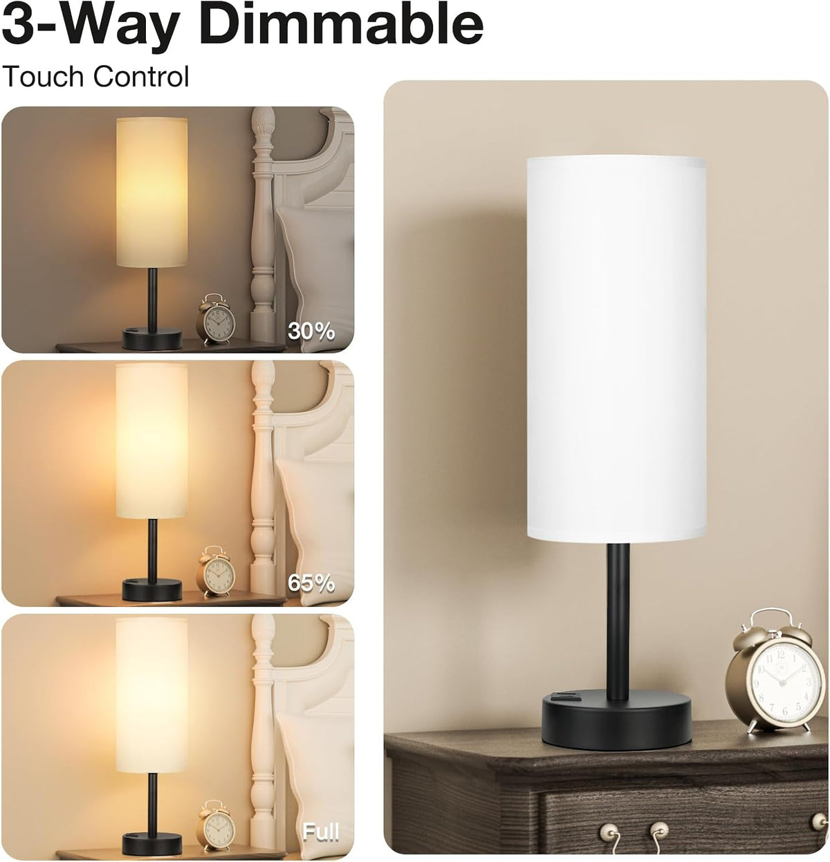 White Touch Table Lamp for Bedroom - Dimmable Bedside Desk Lamp for Kid
