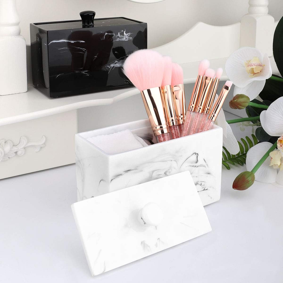 Luxspire Cotton Swab Holder, Dual Compartment Jar with Lid, Ink White