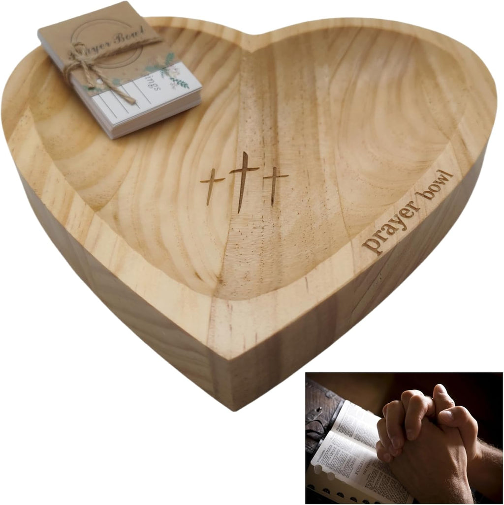 Wooden Prayer Bowl with 24 Blessing Cards, Heart Shaped Bowl with Engraved Cross and Text, Enhance Home Decor or Prayer Room Ambiance(Dark Yellow)