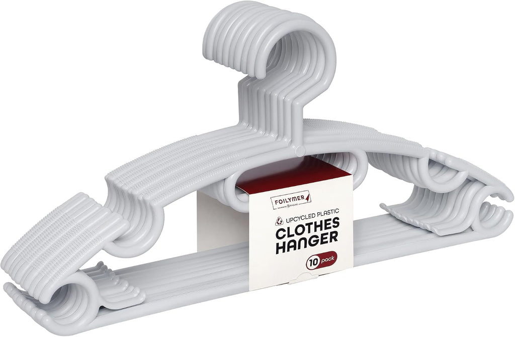 Foilymer Cloth Hangers 10 Pack - Sustainable and Durable Upcycled Plastic Clothes Hangers, 0.80 Inch Thick, Heavy Duty Closet Organizers and Storage