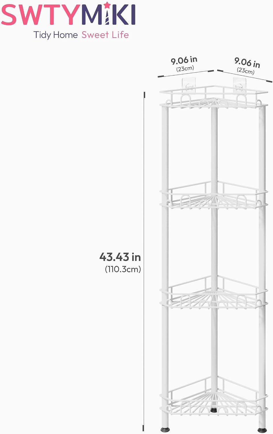 SWTYMIKI Standing Shower Caddy Corner - 4‑Tier Stainless Steel Shower Organizer Shelf with 16 Hooks and Adhesive Pads, Rustproof Corner Shelves Stand Rack for Bathroom Shower Room, white