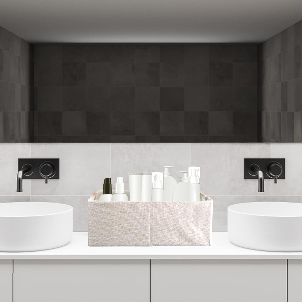 Fabric Storage Bin Box Foldable Cotton Linen Storage Basket with Wooden Handles Rectangular Cube Decorative Home Laundry Organizer Clothes Blanket Container – Beige, Medium