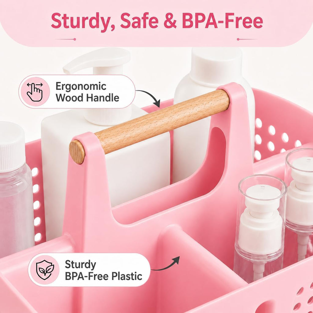 Portable Shower Caddy Basket with 3 Compartments and Handle, Caddy Pink